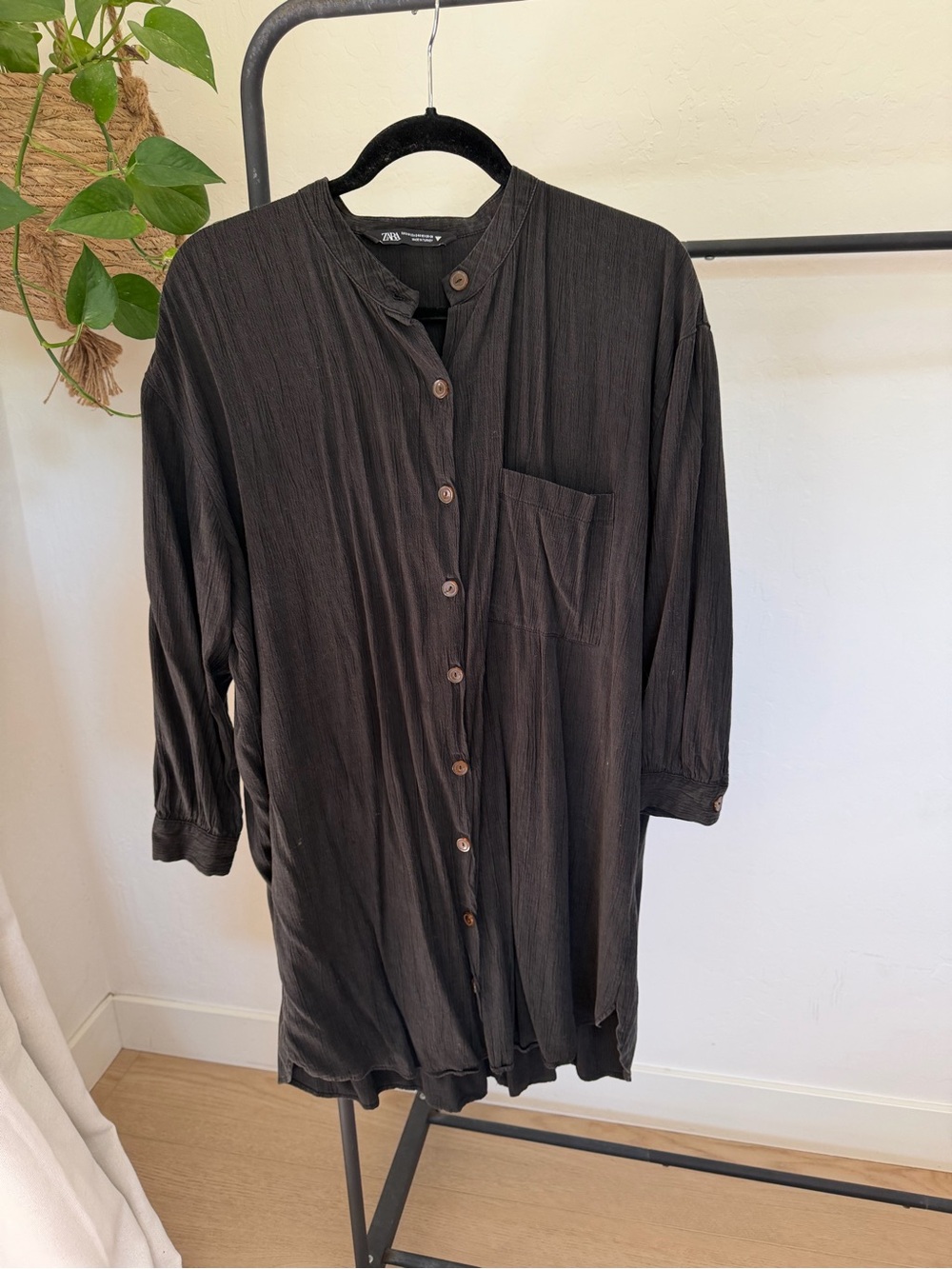 Zara Black Button-Front Long Shirt Dress